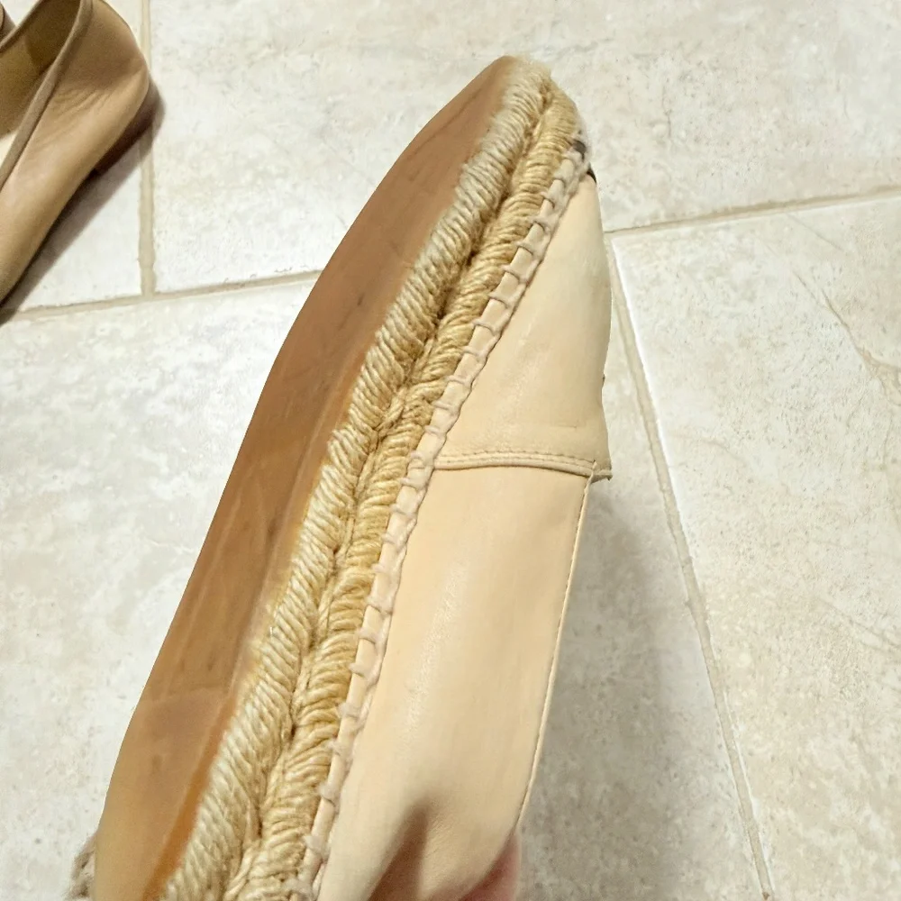 Chanel Genuine Lambskin‎ Leather Logo Slip On Espadrilles Shoes Beige Size 35